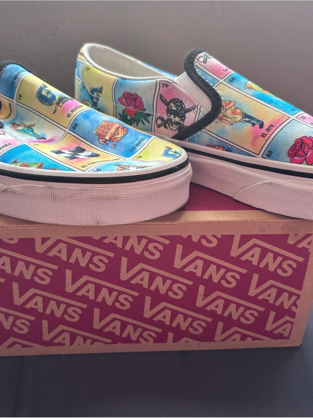 Vans Slip-On Sneakers with Blue, Yellow and Cream Graphic